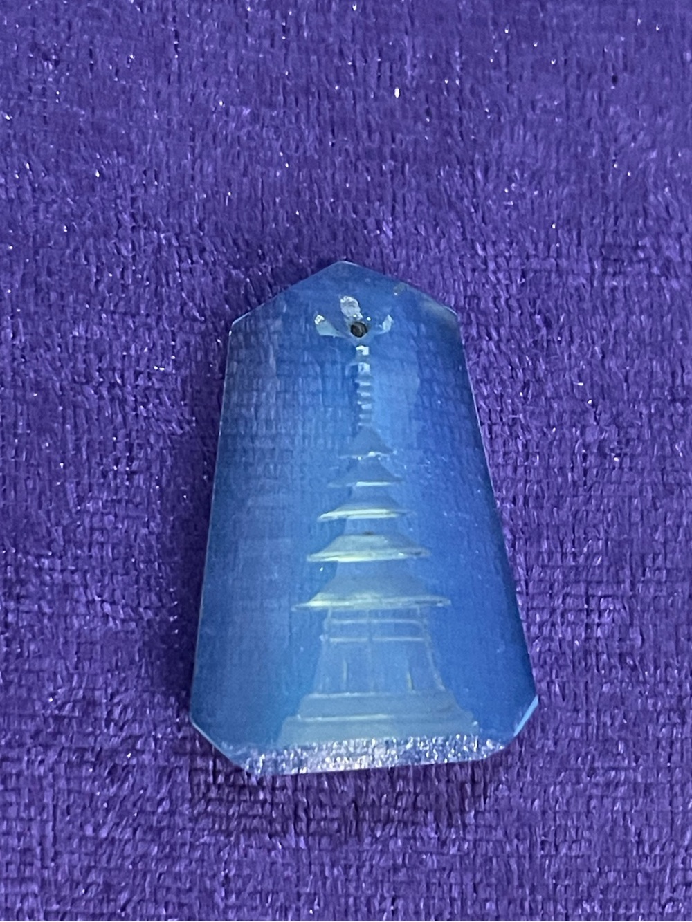 Vintage Aqua Blue Glass Reverse Carved Intaglio Asian Pagoda Pendant